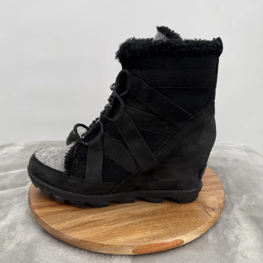 Sorel Wedge Boots Womens 9‎ Black Gray Suede Shearling Lace Up Winter Lug Sole